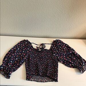 Navy Floral Blouse with Puff Sleeves